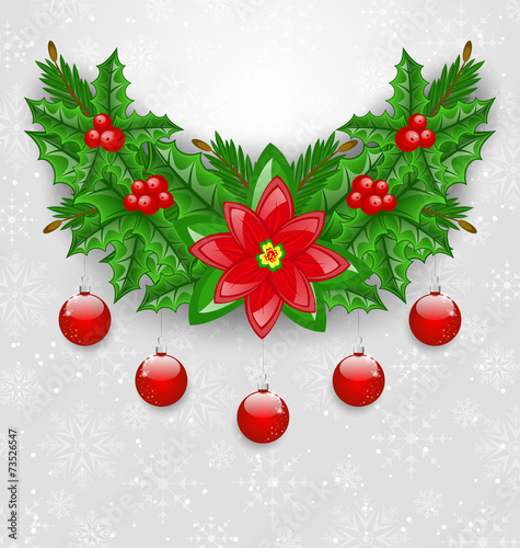 Christmas adornment with balls, holly berry, pine and poinsettia