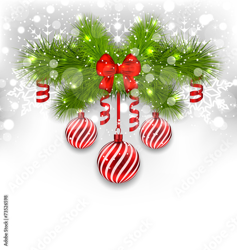 Christmas glowing background with fir branches, glass balls, rib