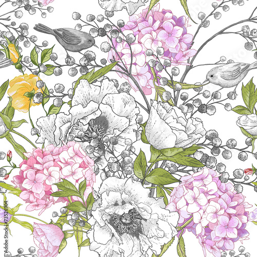Seamless monochrome floral pattern with Birds