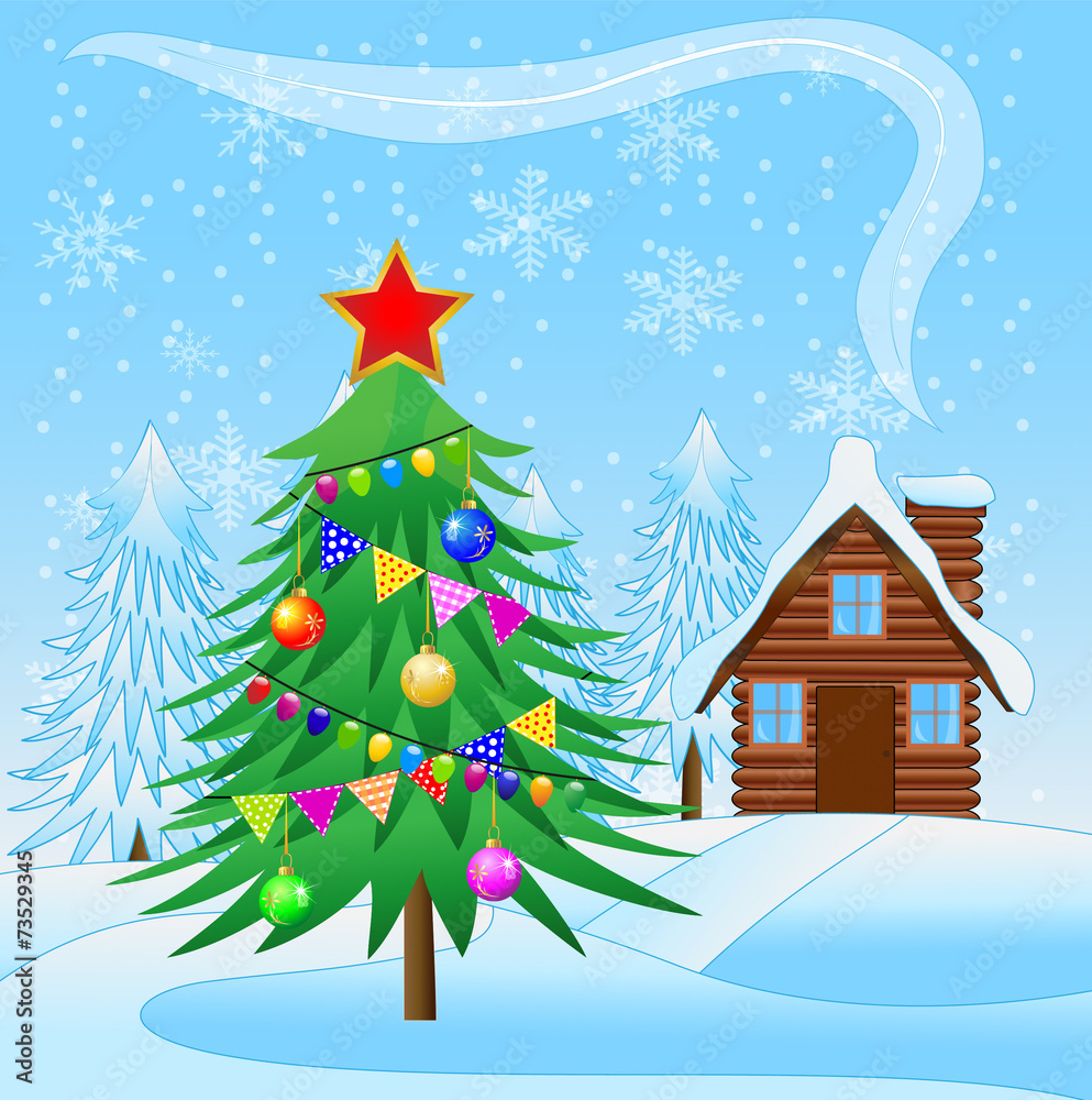 decorated christmas tree and wooden house decorated christmas tree and wooden house