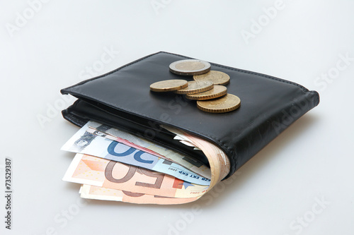 Black leather wallet with Euro notes and coins