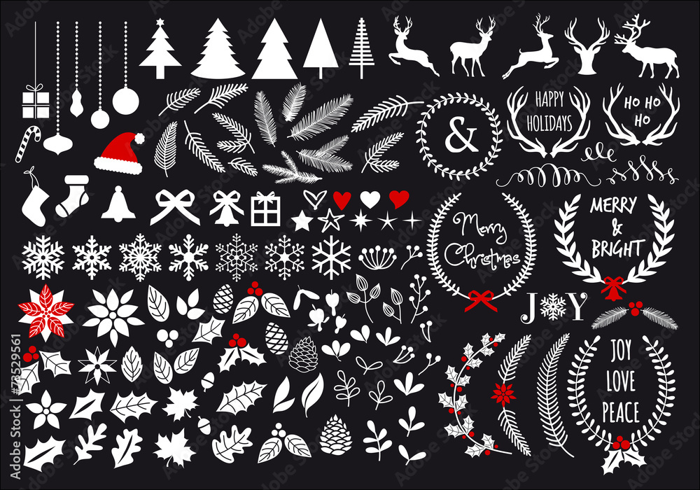 White Christmas set, vector design elements - obrazy, fototapety, plakaty 