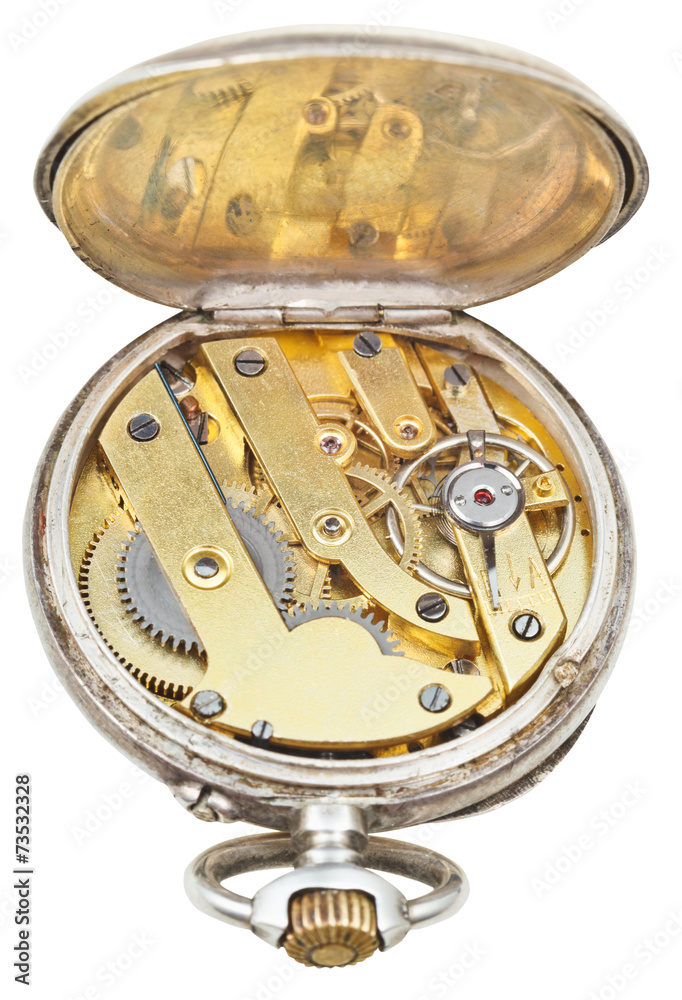 brass clockwork of vintage silver pocket watch