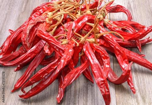 Dry red hot chilli peppers on wooden background
