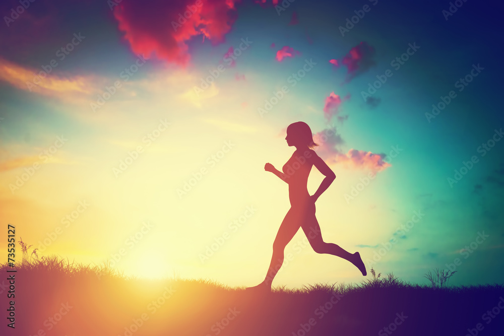 Silhouette of woman running at sunset Silhouette of woman running at sunset
