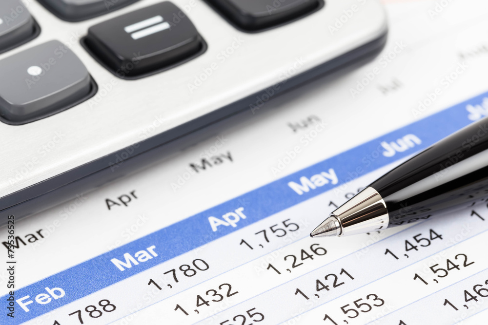 Finance report analysis with pen, and calculator Finance report analysis with pen, and calculator
