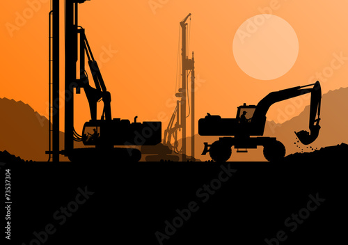 Hydraulic pile drilling machines, tractors and workers digging a
