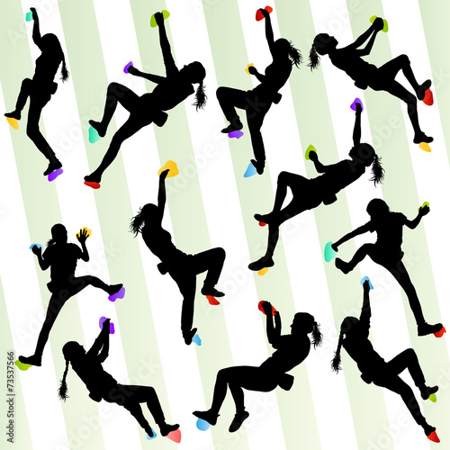 Girl climbing rock wall set vector background concept