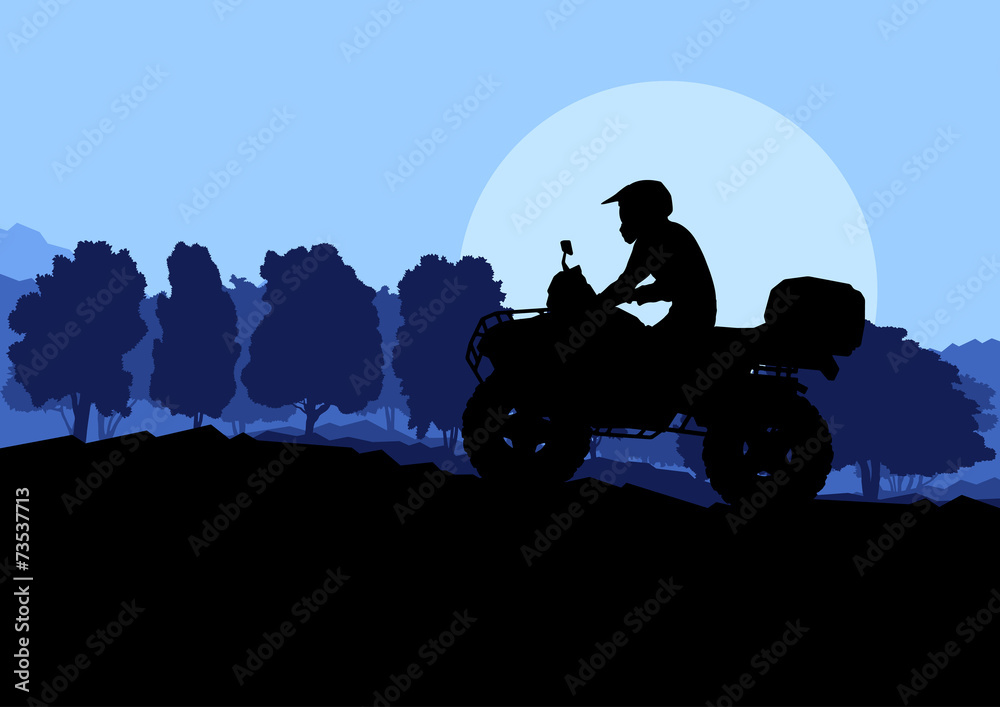 All terrain vehicle quad motorbike rider in wild nature backgrou