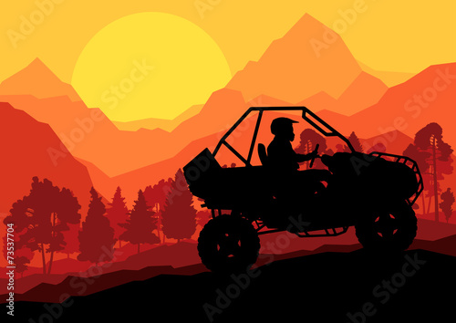All terrain vehicle quad motorbike rider in wild nature backgrou