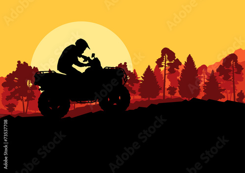 All terrain vehicle quad motorbike rider in wild nature backgrou