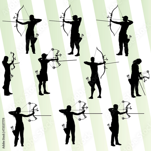 Billede på lærred Active young archery sport silhouettes abstract background vecto