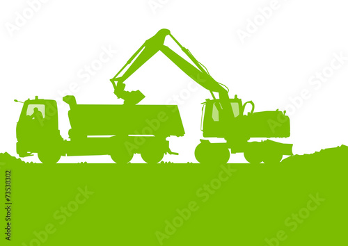 Excavator loader tractor digging at industrial construction site