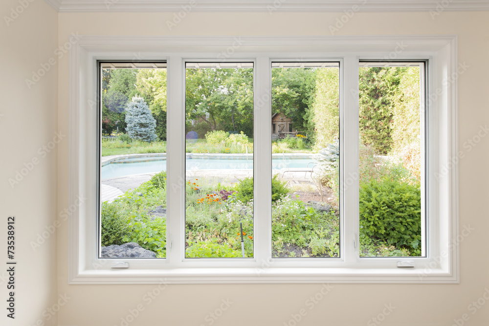 Window with view of summer backyard - obrazy, fototapety, plakaty 