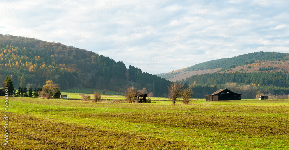 Blick über die Wiesen am NSG Gelängebachtal in Medebach