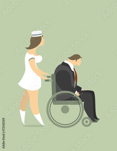 The Nurse Carries A Man In A Wheelchair