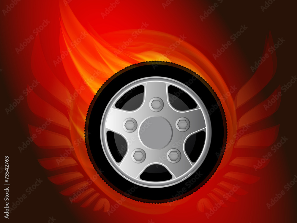 Blazing wheel with wings. Vector illustration.