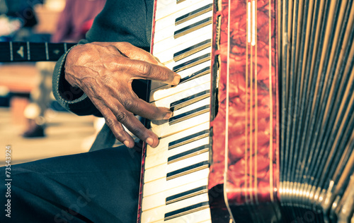 African musician hand playing fisarmonica - Street artist photo