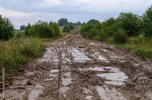 Muddy dirt road in a hilly countryside