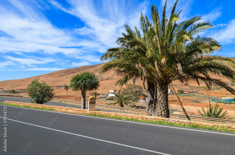 Scenic road in countryside landscape of Fuerteventura island