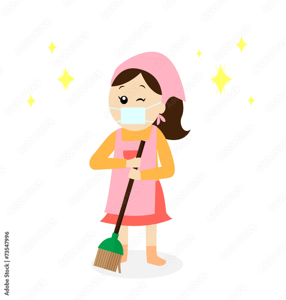 A happy woman wearing a mask and an apron sweeping the floor A happy woman wearing a mask and an apron sweeping the floor