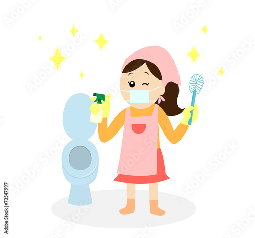 A happy woman wearing a mask and an apron cleaning the toilet