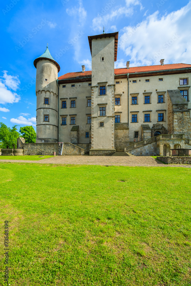 Beautiful castle on sunny beautiful day in Nowy Wisnicz, Poland