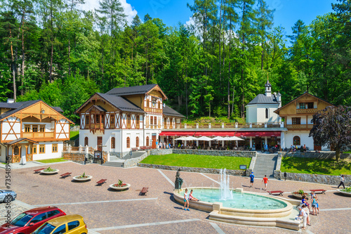 Park with historic buildings in Szczawnica town, Pieniny, Poland