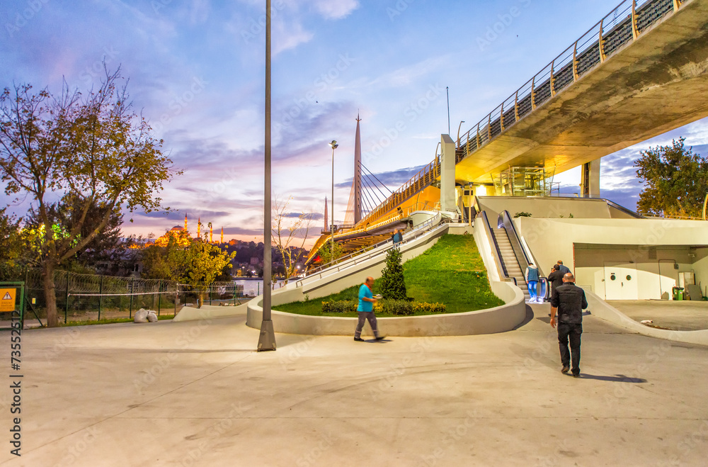Pedestrian entrance of New Galata Bridge over Golden Horn river Pedestrian entrance of New Galata Bridge over Golden Horn river