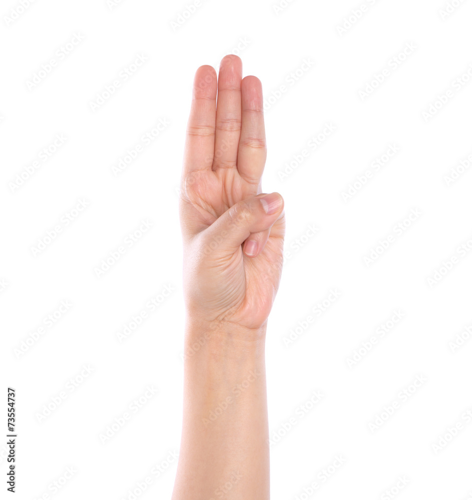 Hand is showing three fingers isolated on white background Hand is showing three fingers isolated on white background