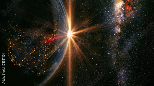 Cinematic and very realistic sunrise seen from space