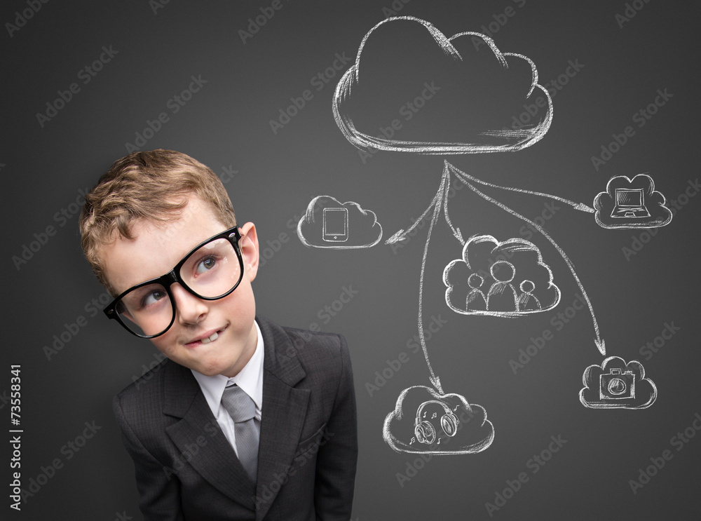 Business child thinking about future technology Business child thinking about future technology