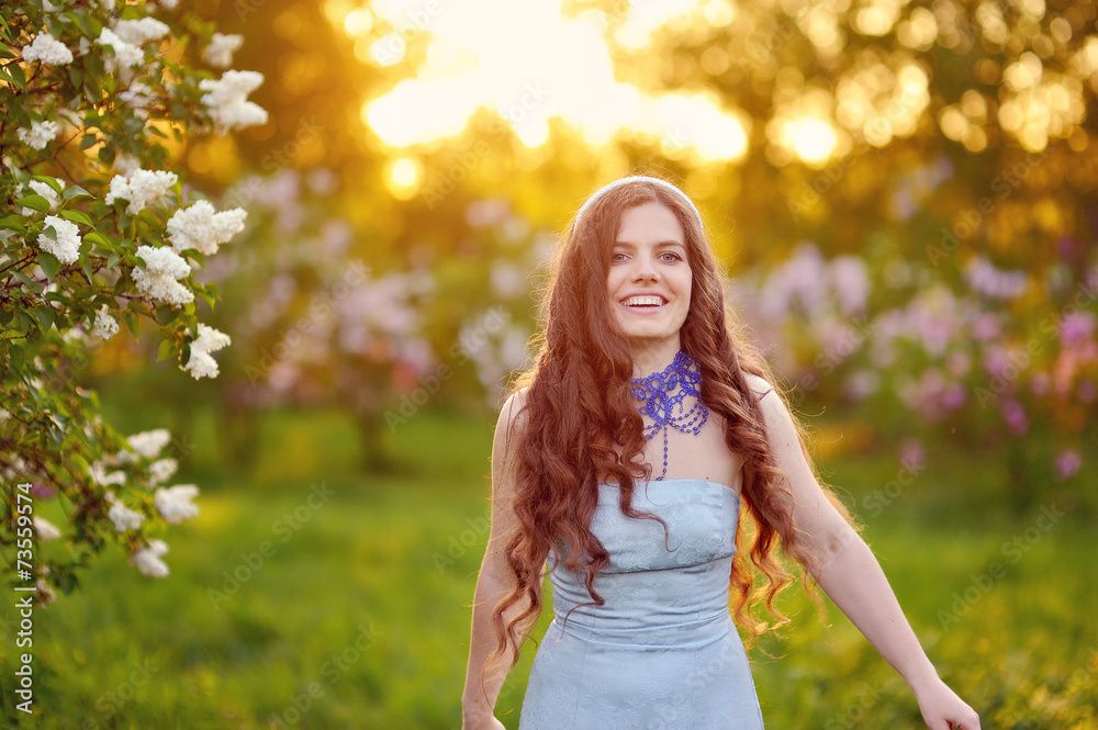 happy woman in autumn park white lilac happy woman in autumn park white lilac