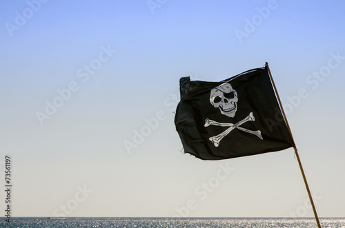 pirate flag waving with blue sea background