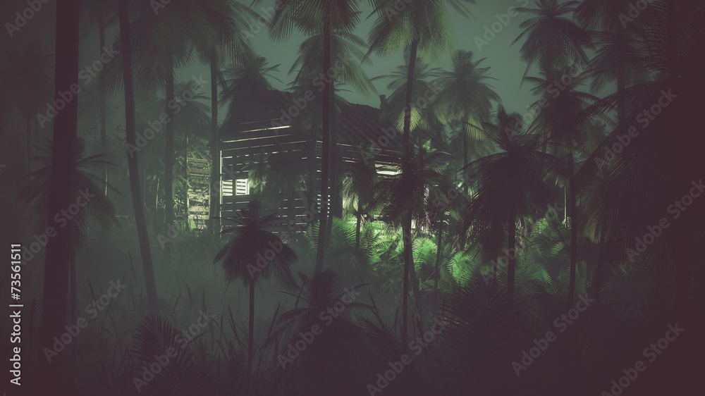 Naklejka premium Remote old wooden cabin in palm tree jungle at night.