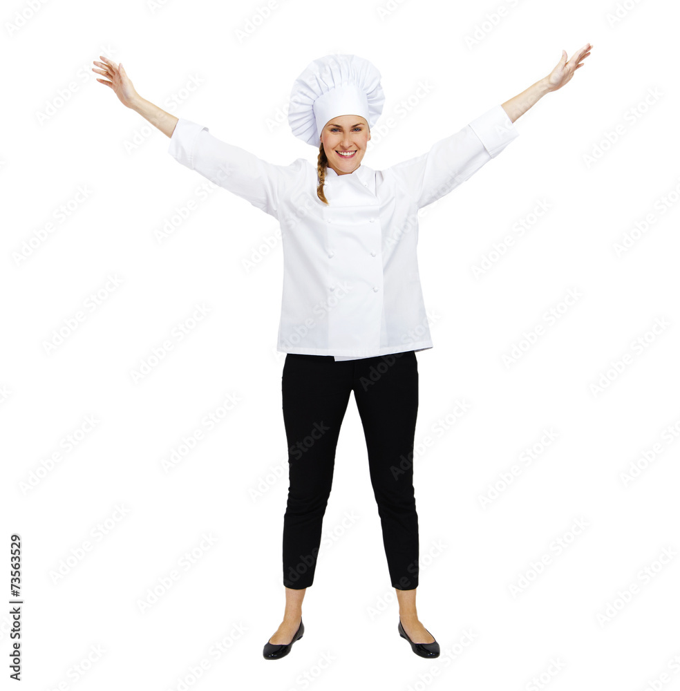 Young professional chef woman. Isolated over white background Young professional chef woman. Isolated over white background
