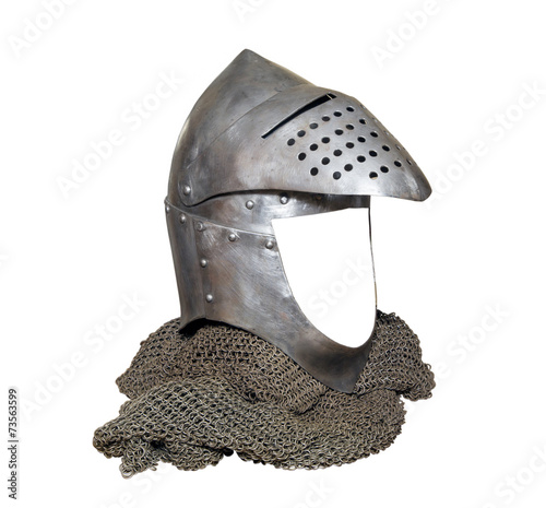 knight helmet with visor raised and chainmail
