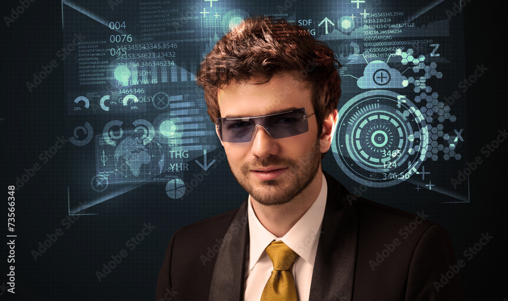 Young man looking with futuristic smart high tech glasses Young man looking with futuristic smart high tech glasses