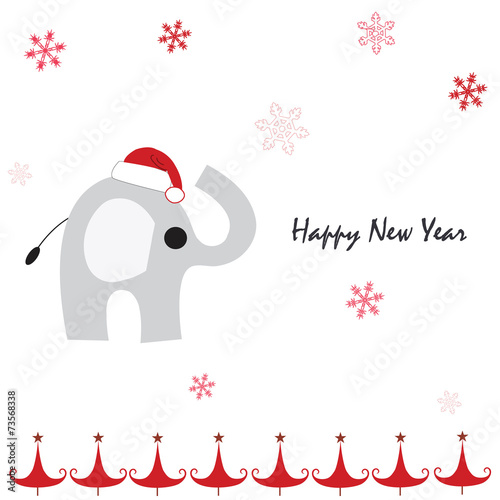 Happy new year greeting card with elephant and snowflakes