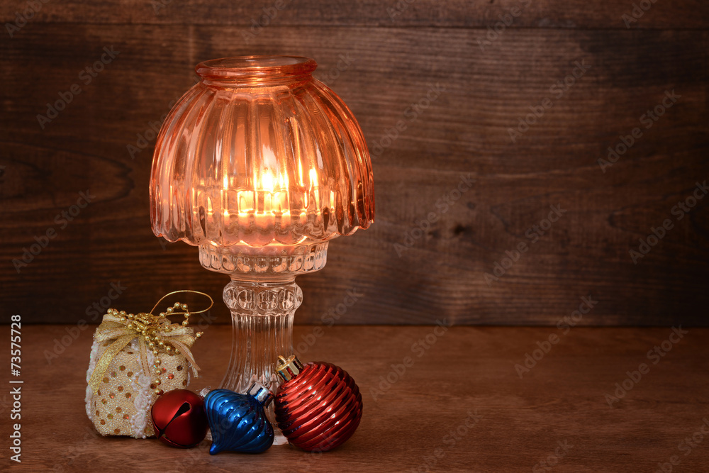 old lamp with christmas ornaments
