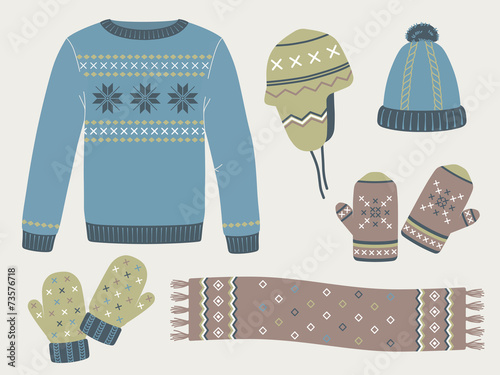 Winter knitted clothes: sweater, hats, mittens, scarf