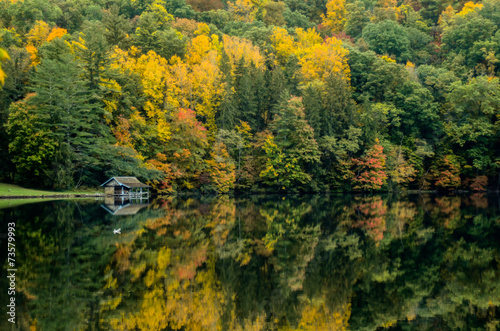 Boathouse Along Lake in Fall