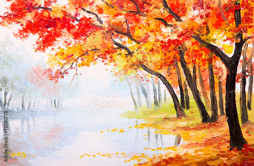 Oil painting landscape - autumn forest near the lake,