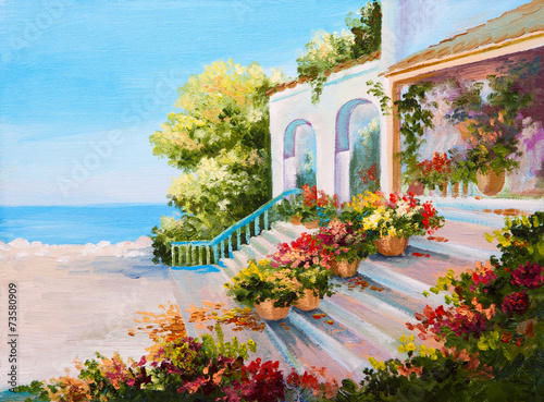Oil painting landscape - terrace near the sea photo