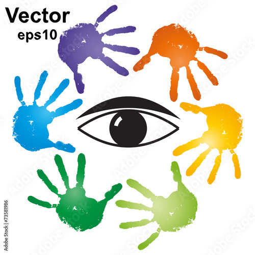 Conceptual human hand print with an eye symbol