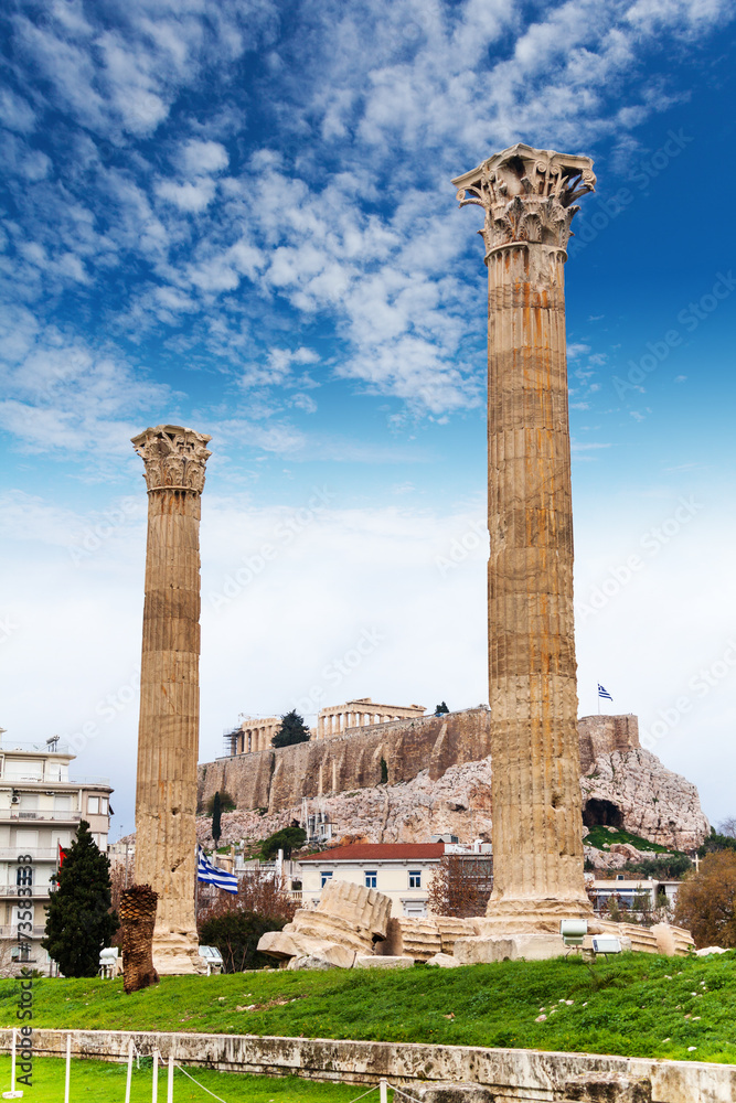 Zeus temple columns and Acropolis Athens, Greece Zeus temple columns and Acropolis Athens, Greece