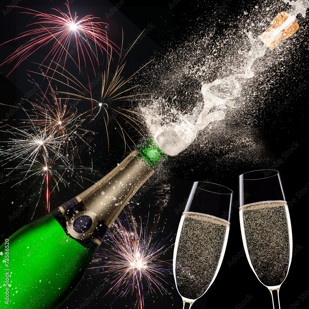 Fototapeta premium Champagne explosion on black background