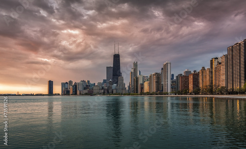 Chicago Downtown beautiful sunrise with water reflections