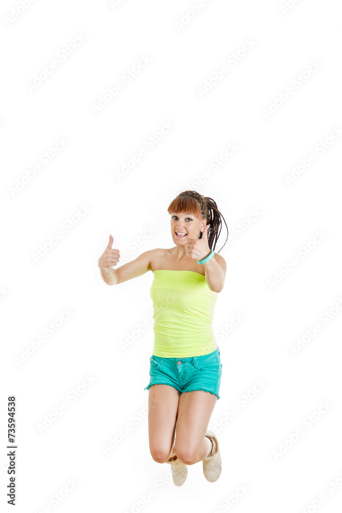 girl or woman happy for her pure success in green blank t-shirt girl or woman happy for her pure success in green blank t-shirt