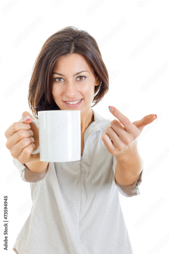 pretty woman offered white cup of coffee or tea to you or to cam pretty woman offered white cup of coffee or tea to you or to cam